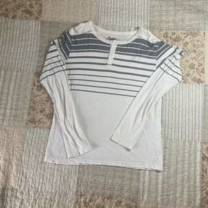 Blind Rooster Shirt Mens Medium White Gray Striped 3/4 Sleeve‎ Henley Cotton